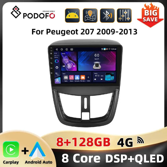 Podofo 8+128G 9'' Car Radio For Peugeot 207 2009-2013 Multimedia Player Mirror Link 8Core BT Carplay Android Auto DSP Car Audio by Golden Bridge Store