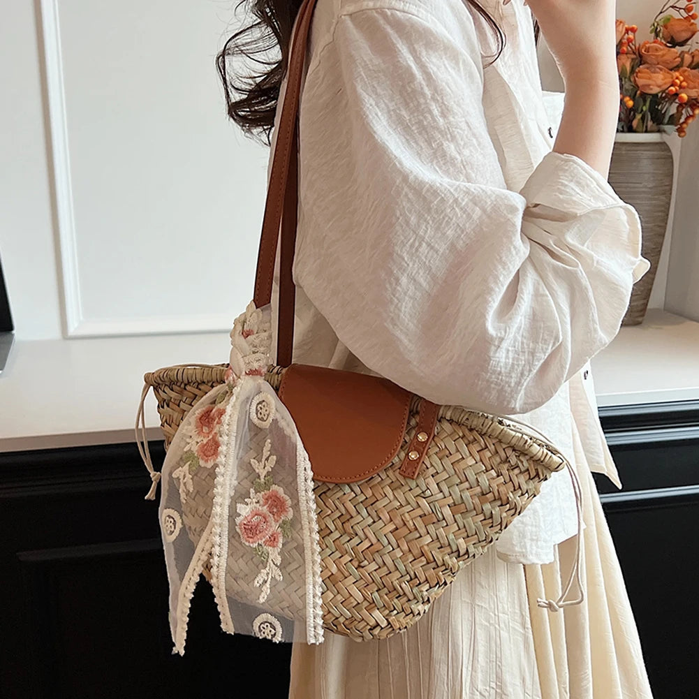 Women Straw Woven Tote Bag Summer Beach Bags Large Capacity Tote Clutch Bags with Ribbon Chic Hobo Bag for Party Vacation