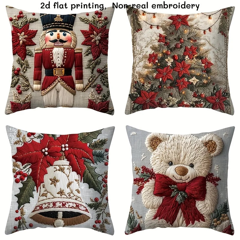 4pcs Christmas Pillow Covers - Nutcracker, Bear & Lily Print, 2D Embroidery Style, Holiday Decor for Sofa Bed
