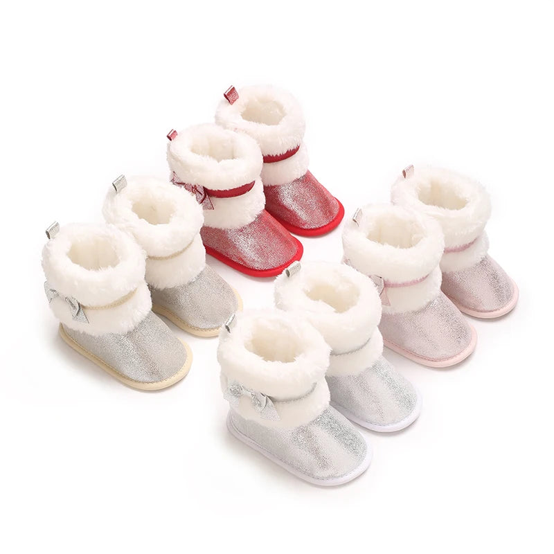 Baby-Schneestiefel für Mädchen, 2025, Winter, neue Baby-Baumwollschuhe, Mädchenmode, glänzende kurze Stiefel mit dicken Samt-Baumwollstiefeln