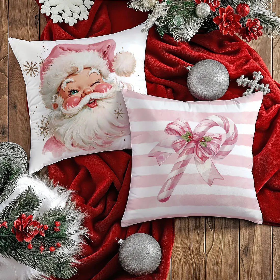 45 * 45cm Pink Christmas Throw Pillow Cover Pink Striped Snowman Christmas Tree Cane Santa Claus for Home  Sofa Cushion Cover