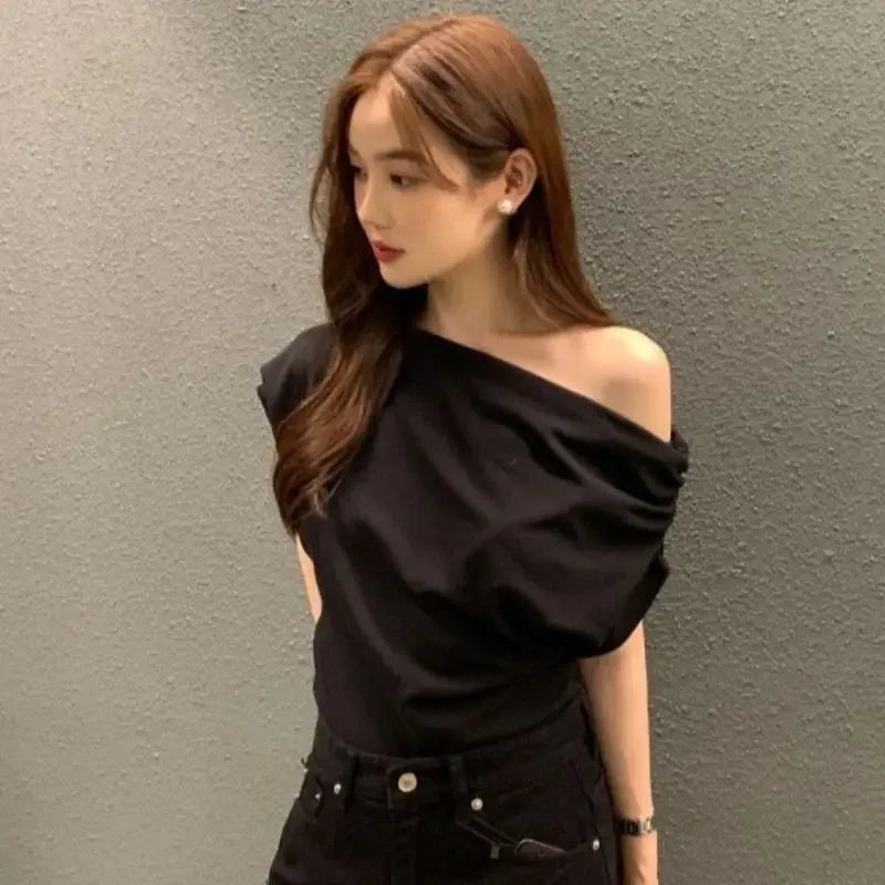 Asapgot Diagonal Crop Top - Schulterfrei Elegant Kurzarm S