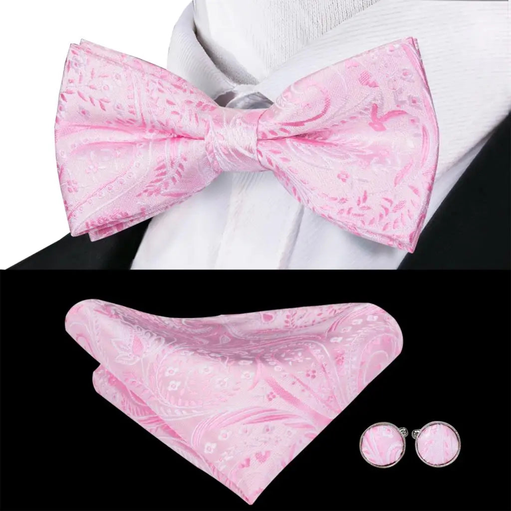 Hi-Tie Silk Mens Bow Tie Pocket Square Cufflinks Set Peach Pink Salmon Pre-tied Butterfly Knot Bowtie for Male Wedding Business