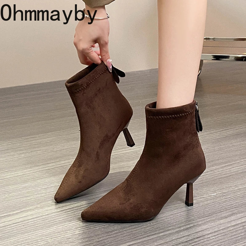 Ghete vintage Ohmmayby, toc subțire - înălțimea tocului 5-8 cm, până la gleznă, căptușeală din fleece