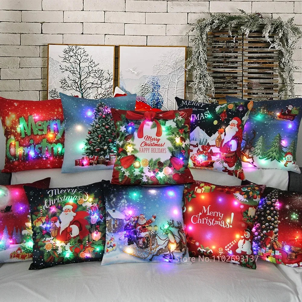 Christmas Pillowcase Decorations Home Cushion Cover LED Light 45x45cm Xmas Pillow Cover for Bedroom & Living Room Party Decor