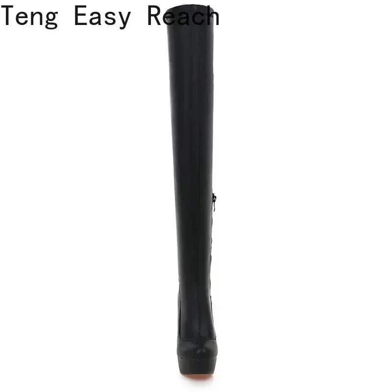 Cizme peste genunchi cu platformă JETT DRAGONCN albe - Înălțimea tocului 3-5 cm, Piele PU, Fermoar