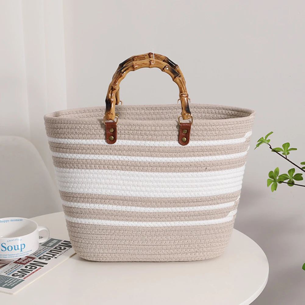 Beach Vacation Bags Bamboo Handle Holiday Hand Bag Large Capacity Striped Portable Casual Fashion Exquisite for Seaside Party