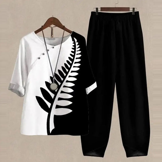 Elegant  Women Outfit Breathable Flower Pattern Blouse Trousers Half Sleeves Soft Blouse Pants Spring Clothes