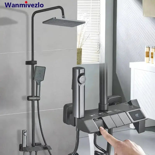 Smart Digital Display Duscharmatur Set Klavier Stil Regen Badezimmer System Grau Digital Mischbatterie Bidet Dusche