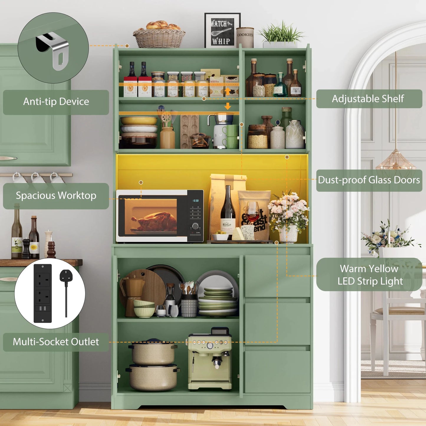 Getone Küchenbuffet mit LED,Küchenschrank Buffetschrank mit Steckdosenleiste mit 3 Schubladen Verstellbares Regal 100x38.5x180cm by Golden Bridge Store