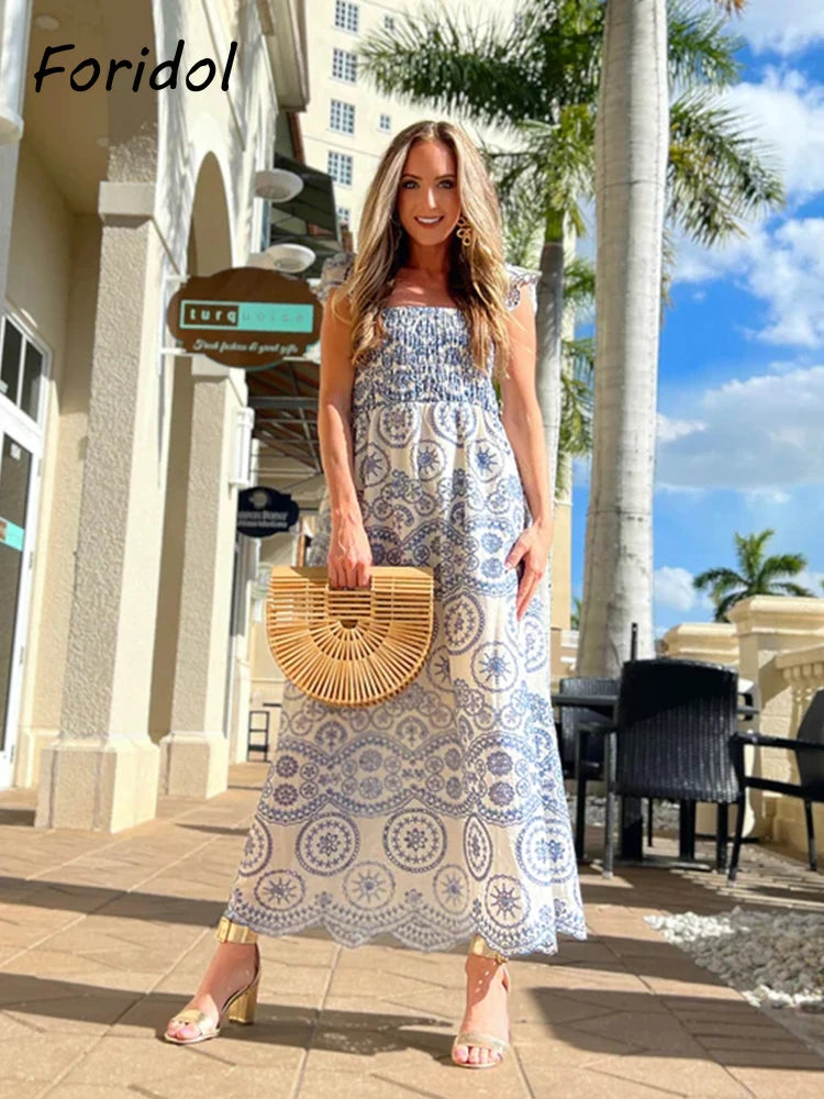 Blue Floral Embroidey Summer Beach Dress Women Casual Holiday Bohemian Dress Boho Sundress Maxi Long Vestidos Fashion Clothes