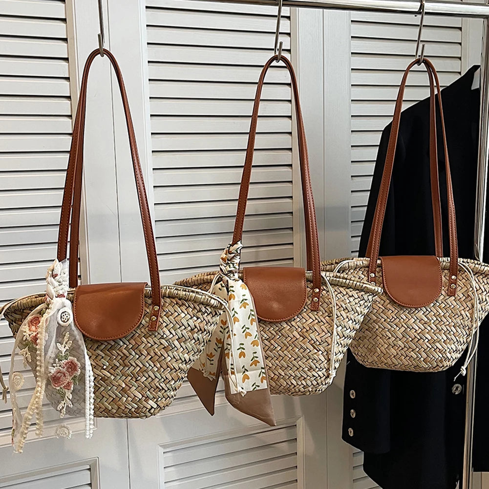 Women Straw Woven Tote Bag Summer Beach Bags Large Capacity Tote Clutch Bags with Ribbon Chic Hobo Bag for Party Vacation