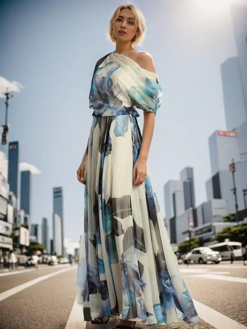 Elegant Women Bohemian Dress Y2K Chic Clothes Sexy Fashion One Shoulder Short Sleeve High Waist Pleated Vacation Long Dress