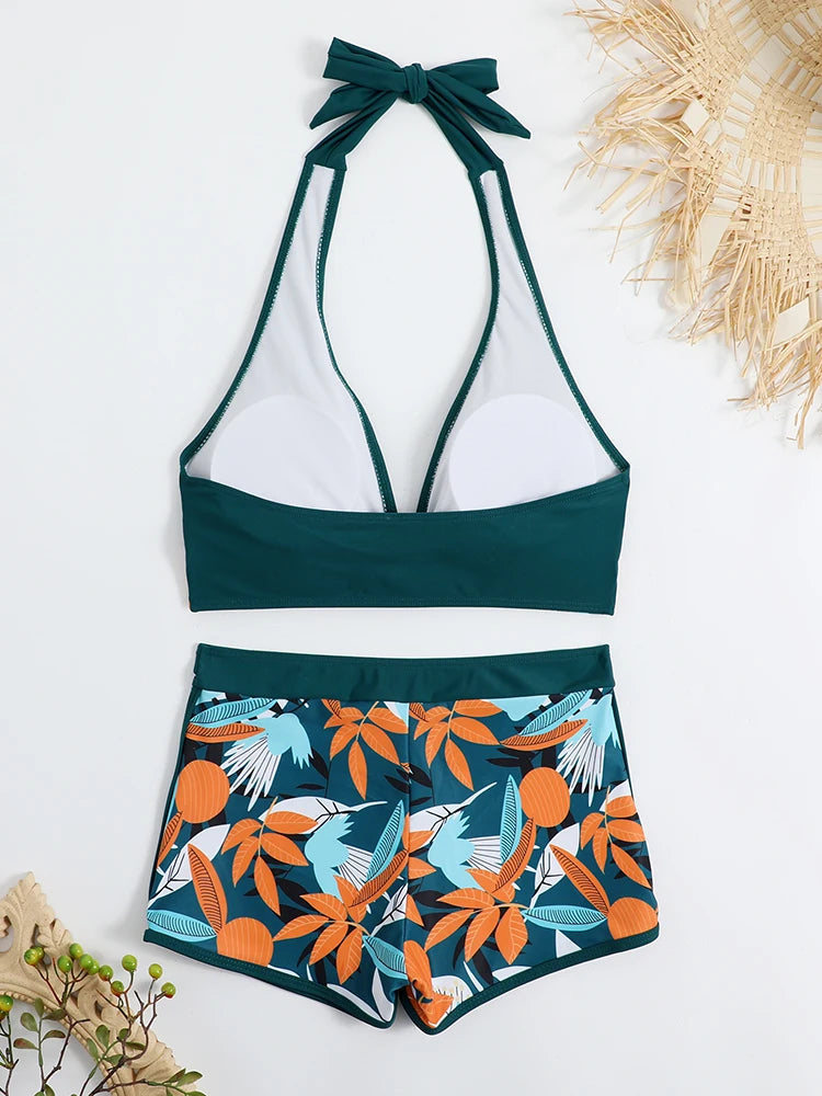 Halter Bikini Set Kurzer Schwimmanzug Frauen High Waist Bedruckte Bademode