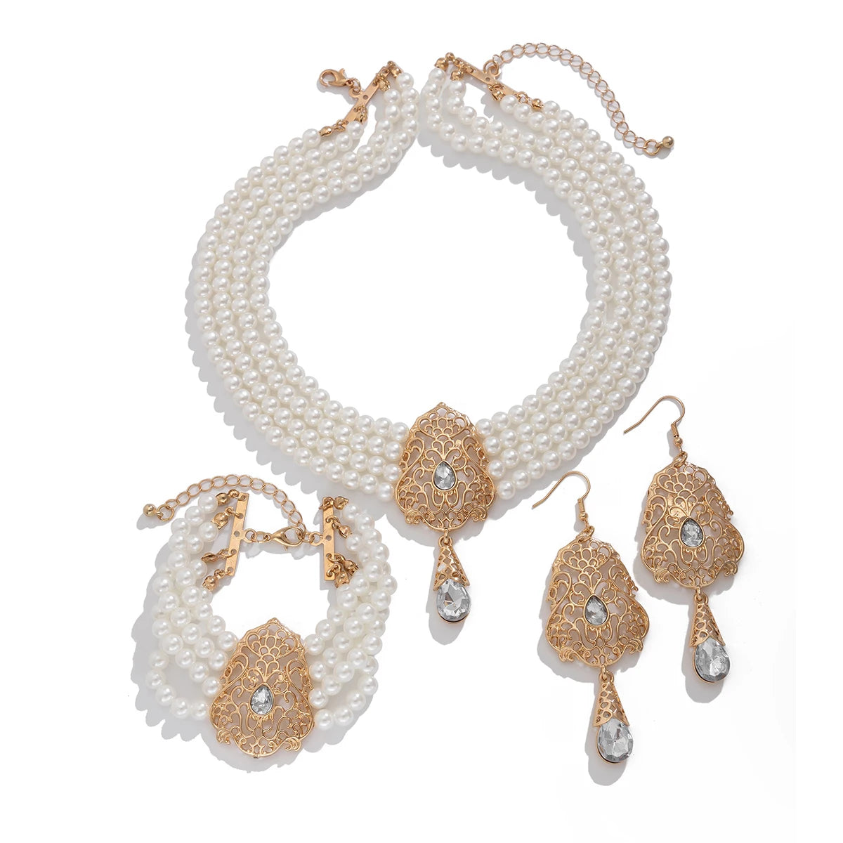 KunJoe Luxus Mehrschichtig Imitation Perlen Halskette Armband Ohrringe Frauen Wassertropfen Grün Strass Choker Hochzeit Schmuck Set