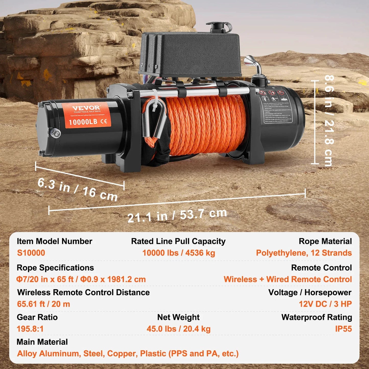 VEVOR S10000 Elektrische Winde - Zugkraft 4536 Kg, 3 PS, 20 m Seil