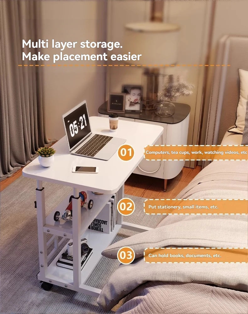 Three-layer Multifunctional Folding Desk with Wheels, Adjustable Height and Storage Shelves，Suitable for Bedroom, Outdoor Office