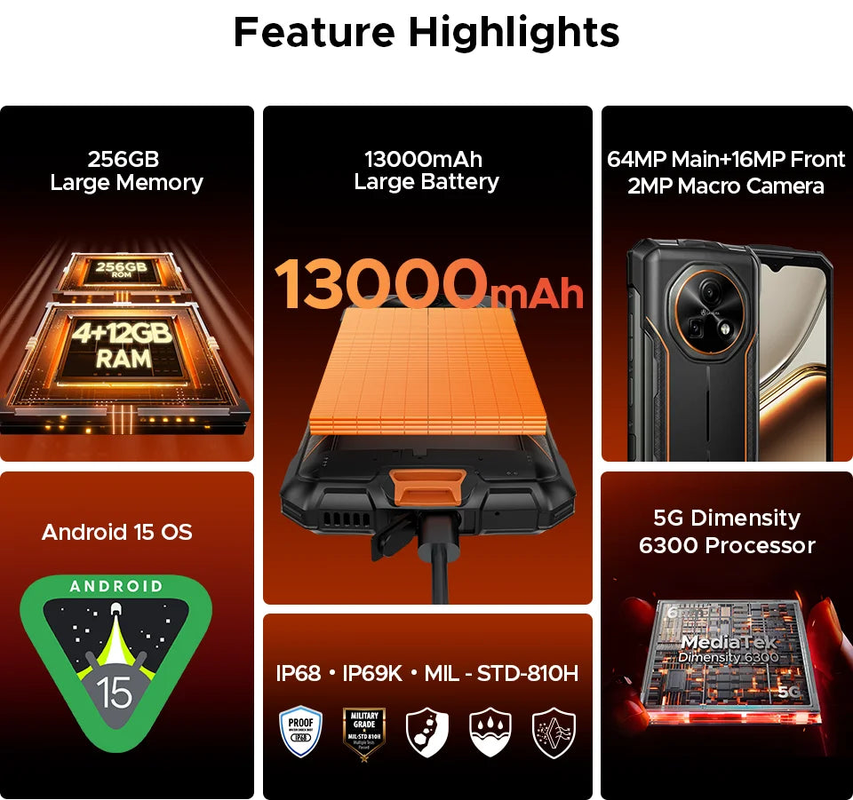 DOOGEE Fire 7 Robustes Smartphone - Akk 13000 mAh, 18W, 6,6 Zoll