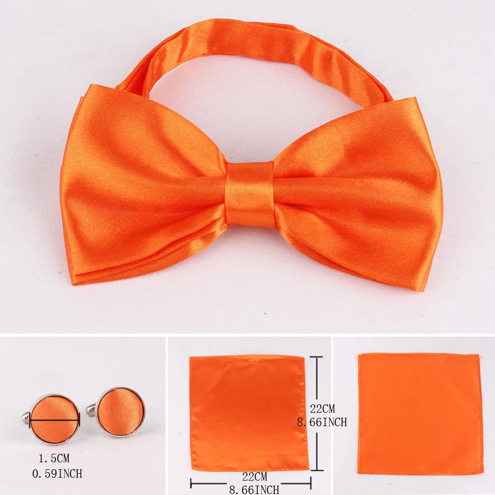 Solid Colors Polyester Adjustable Men's Accessory Set Elegant Pre-Tied Bow Tie Matching Pocket Square & Cufflinks for Wedding