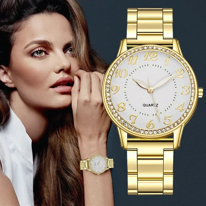 Luxury Brand Women Watch 2025 New Fashion Simple Rhinestone Steel Band Watch Ladies Big Dial Quartz Clock Bracelet Clock