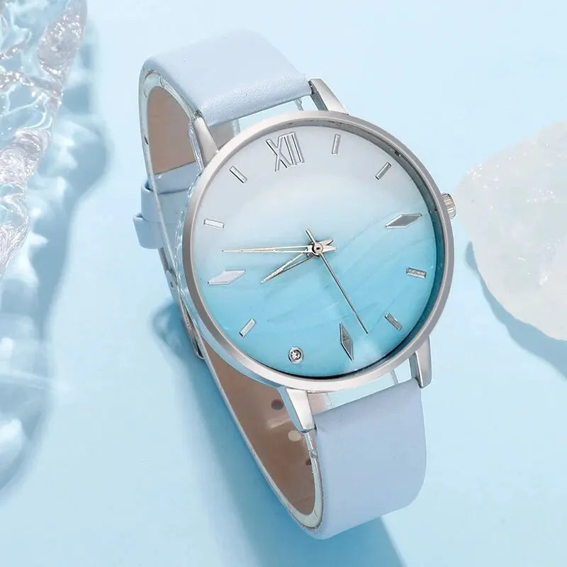 Moda 6er Set Quarz Uhr Damen - Blau Strass Leder 18mm