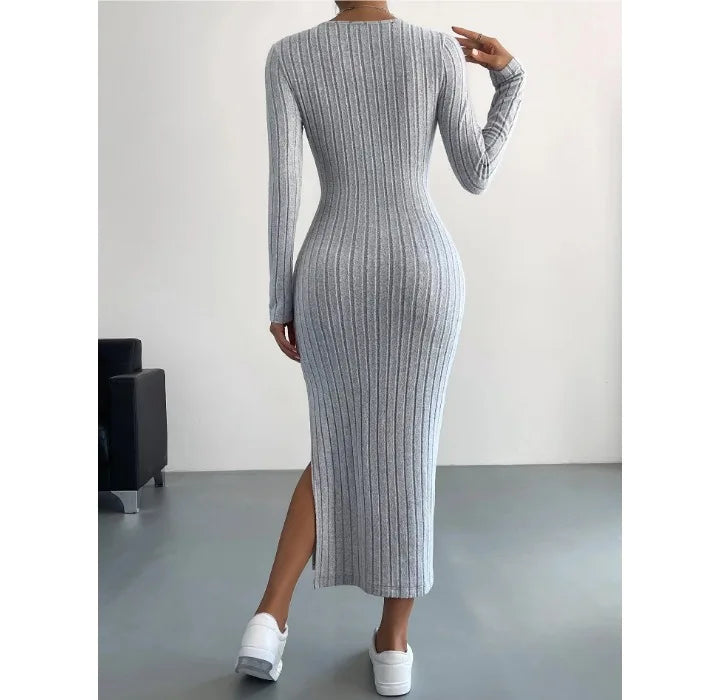 Damen Kleid 2025 - Casual Elegant Women Dresses Autumn Winter Long Sleeve Round Neck Split