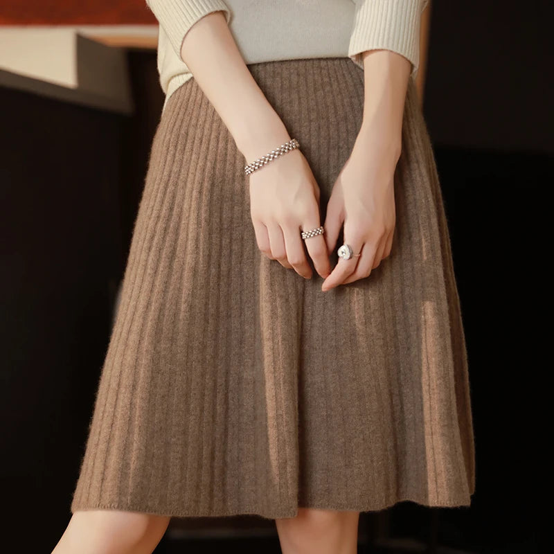 Elegant Women 100% Wool Knitted Skirt Korean Fashion Solid Casual A Line Ladies Pleated Short Skirt Spring Chic High Waist Skirt