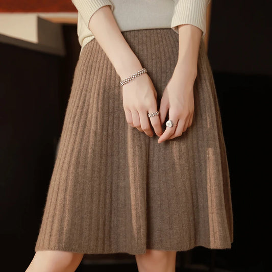 Elegant Women 100% Wool Knitted Skirt Korean Fashion Solid Casual A Line Ladies Pleated Short Skirt Spring Chic High Waist Skirt
