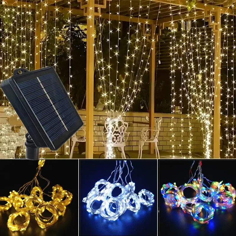 600/300/200/100LED Solar Curtain Lights Outdoor Fairy Lights LED Lights Christmas Wedding Decorations String Lights Garden Decor