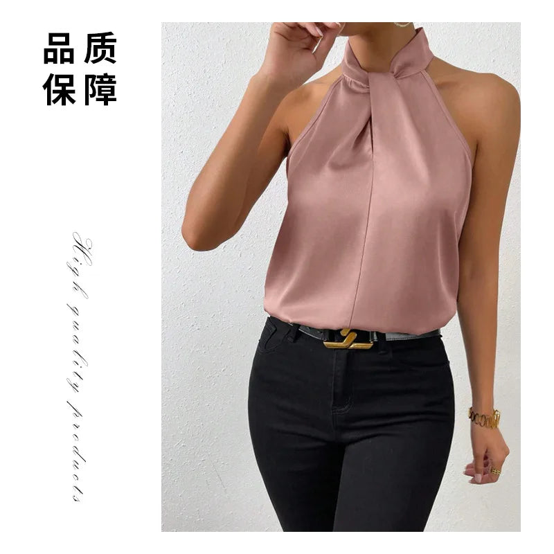 Women's Tops 2025 Summer New European and American Clothes Satin Halter Sleeveless Vest elegant Commuting Satin Simulated Silk Top