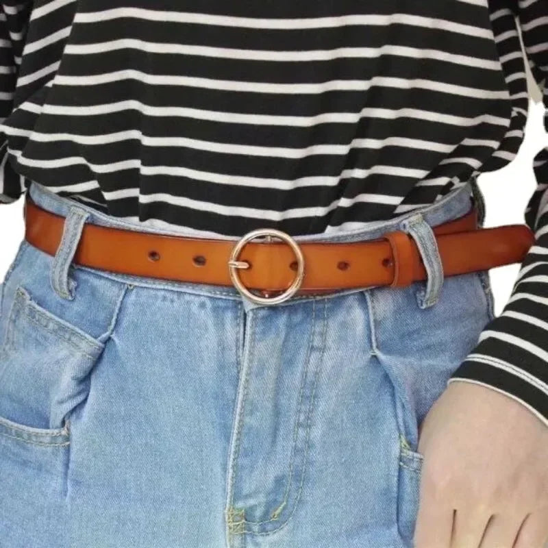 High-end Round Women Belt Fashion Waist Belt Leather Metal Buckle Ladies Leisure Dress Jeans Decoration Waistband Luxury