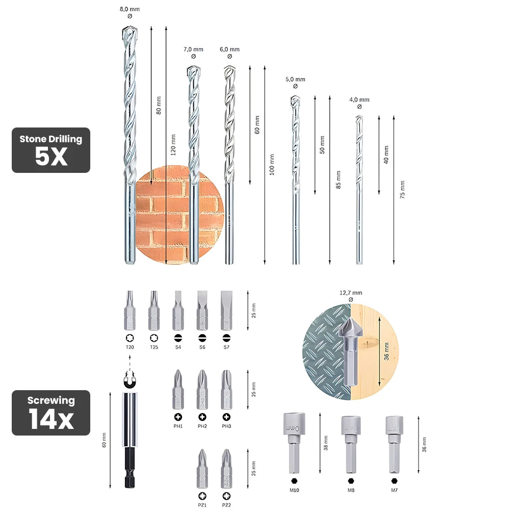 Bosch 33Pcs Drill Bits Screwdriver Bit Mixed Kit 2-8mm High-Speed Steel Drill Bit Screwdriver Head Mix Set for Wood/metal/stone