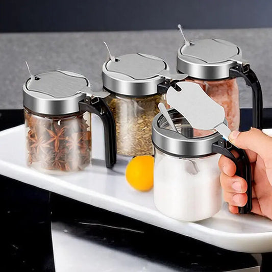 Spices Glass Seasoning Jar with Spoon Sugar Bowl Salt Shaker Pepper Seasoning Container Kitchen Supplies Storage Set Spice Boxes