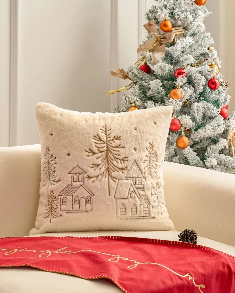 Simple Pillow Case Plush Christmas Embroidered Cushion Cover Soft Comfortable Festival Decorative New Year's Home Pillow Case