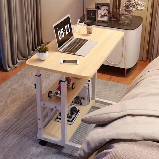 Three-layer Multifunctional Folding Desk with Wheels, Adjustable Height and Storage Shelves，Suitable for Bedroom, Outdoor Office