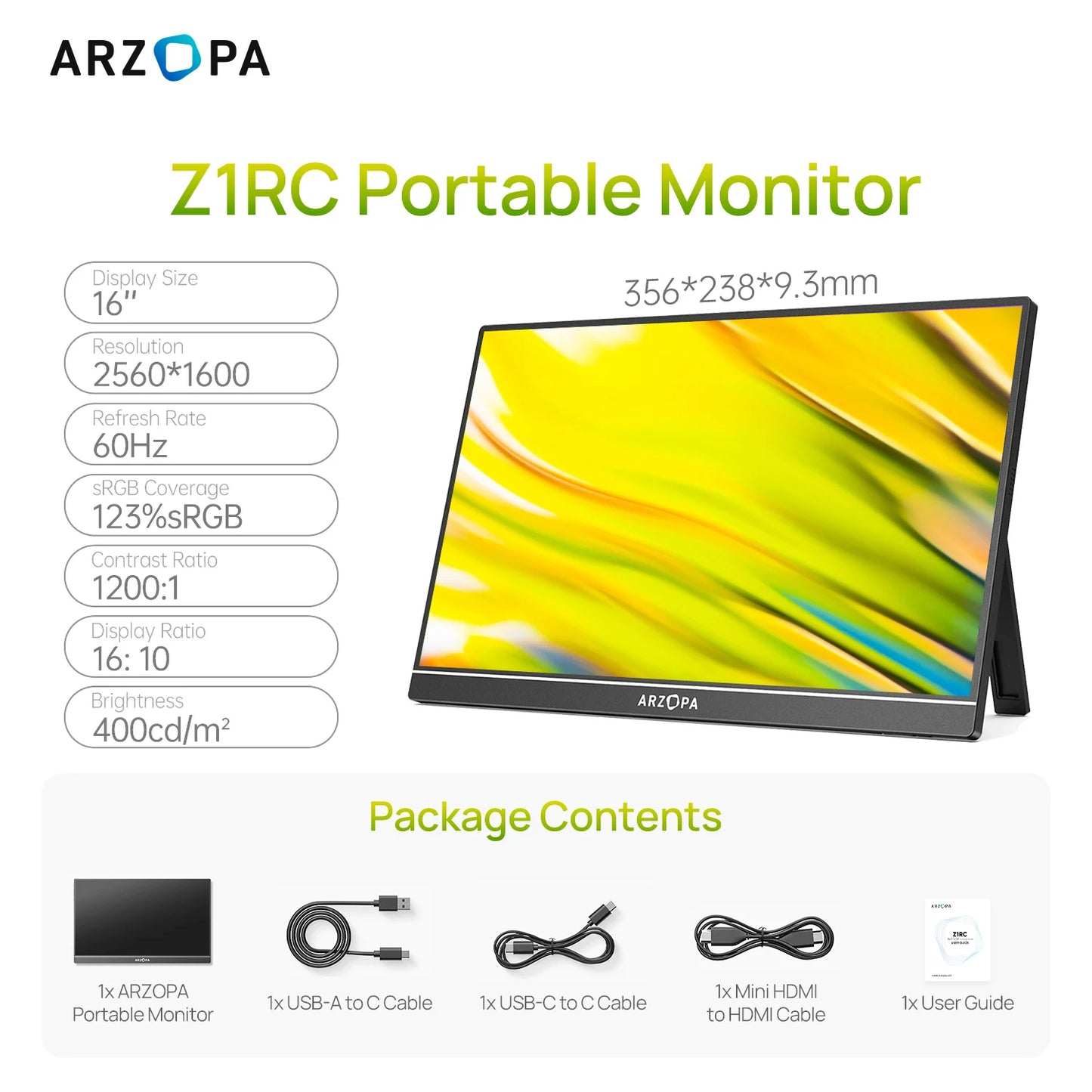 ARZOPA Z1RC 2K Tragbarer Monitor - 16 Zoll, 60 Hz, 2560x1600