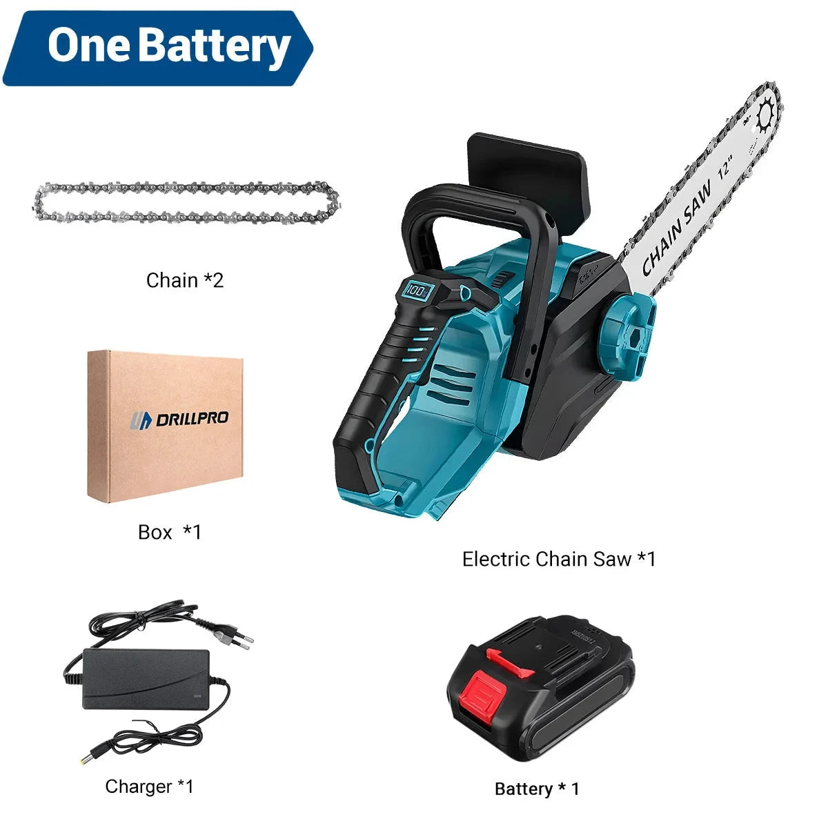 DRILLPRO Akku-Kettensäge Bürstenlos - 12-Zoll, 1200 W, 2.5 Ah by Golden Bridge Store