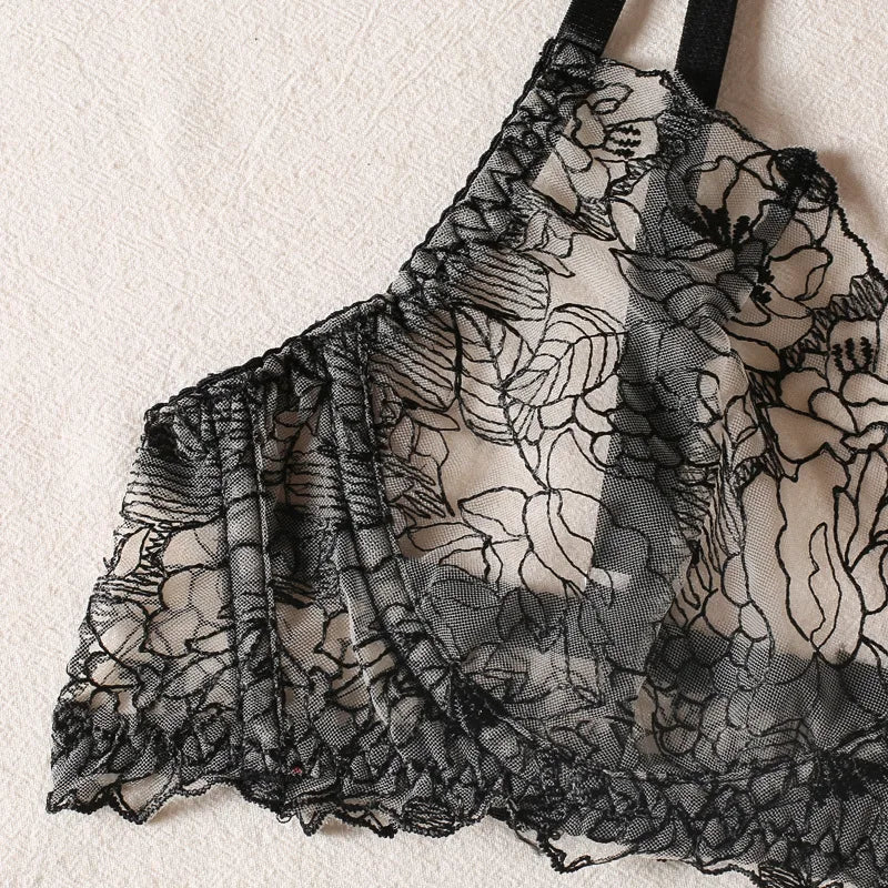 Embroidery with underwire bra briefs sexy women black sexy lace underwear set