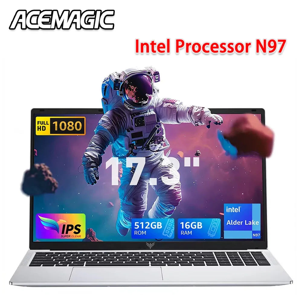 Laptop 2025: ACEMAGIC AX17 Intel Processor N97 17.3" Ultra Slim 6000mAh - 16GB LPDDR4 RAM 512GB ROM Windows 11 Collection
