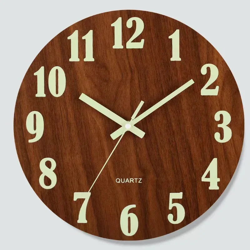 Nordic 12 Inch Luminous Wall Clock Wood Silent Light in Dark Night Fashion Wall Clock Non Ticking Clock with Night Light