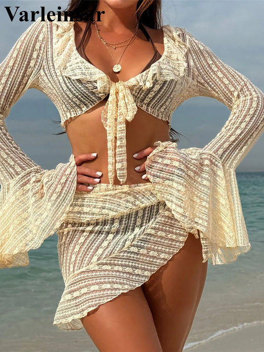 4PCS Halter Bikini Set Sarong Langarm - Vierteilig S M L