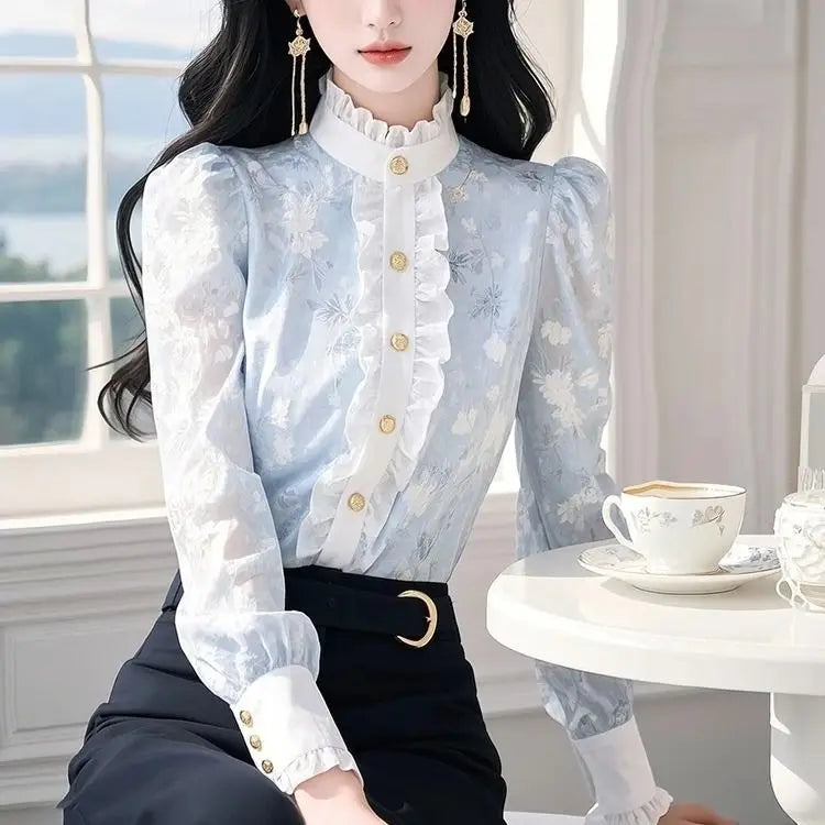Blue Floral Chiffon Shirt with Ears for Women Spring 2025 New Top