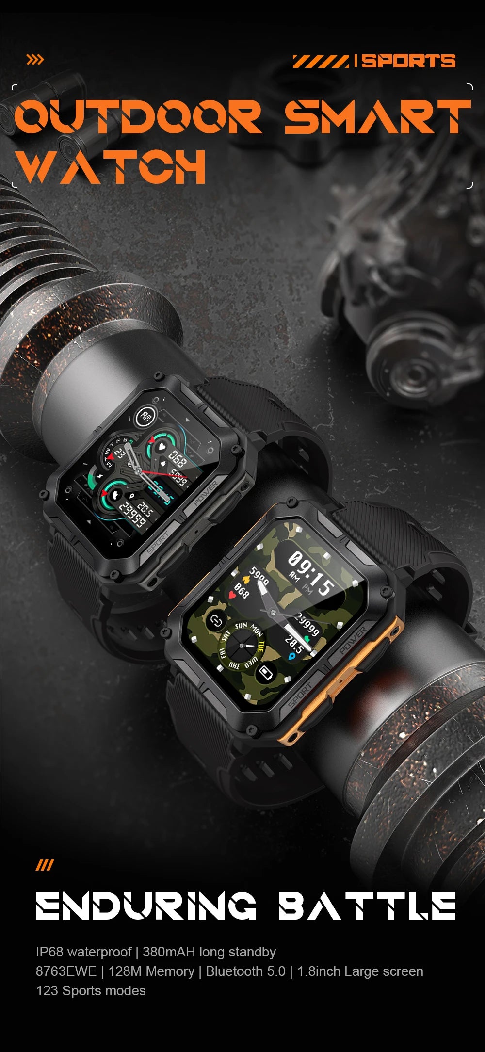 C20Pro Sports Smart Watch Männer Bluetooth Anruf Smartwatch IP68 Wasserdicht Multi Sports Mode Gesundheitsüberwachung Militär Smartwatch