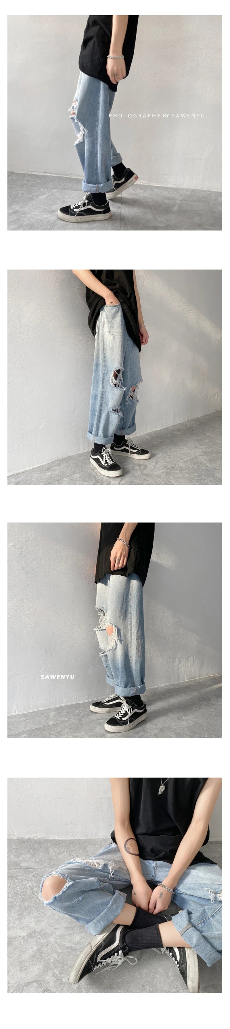 Herren Ripped Jeans 2025 - Summer Blue Loose Fit Hole Wide-leg Streetwear Denim