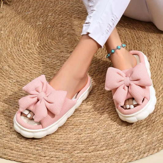 Leinen Casual Platform Hausschuhe 2025 - Frauen Haus Schleife Designer Schuhe - Damen Flats Elegant Heim Mode Lieblich Große Größe