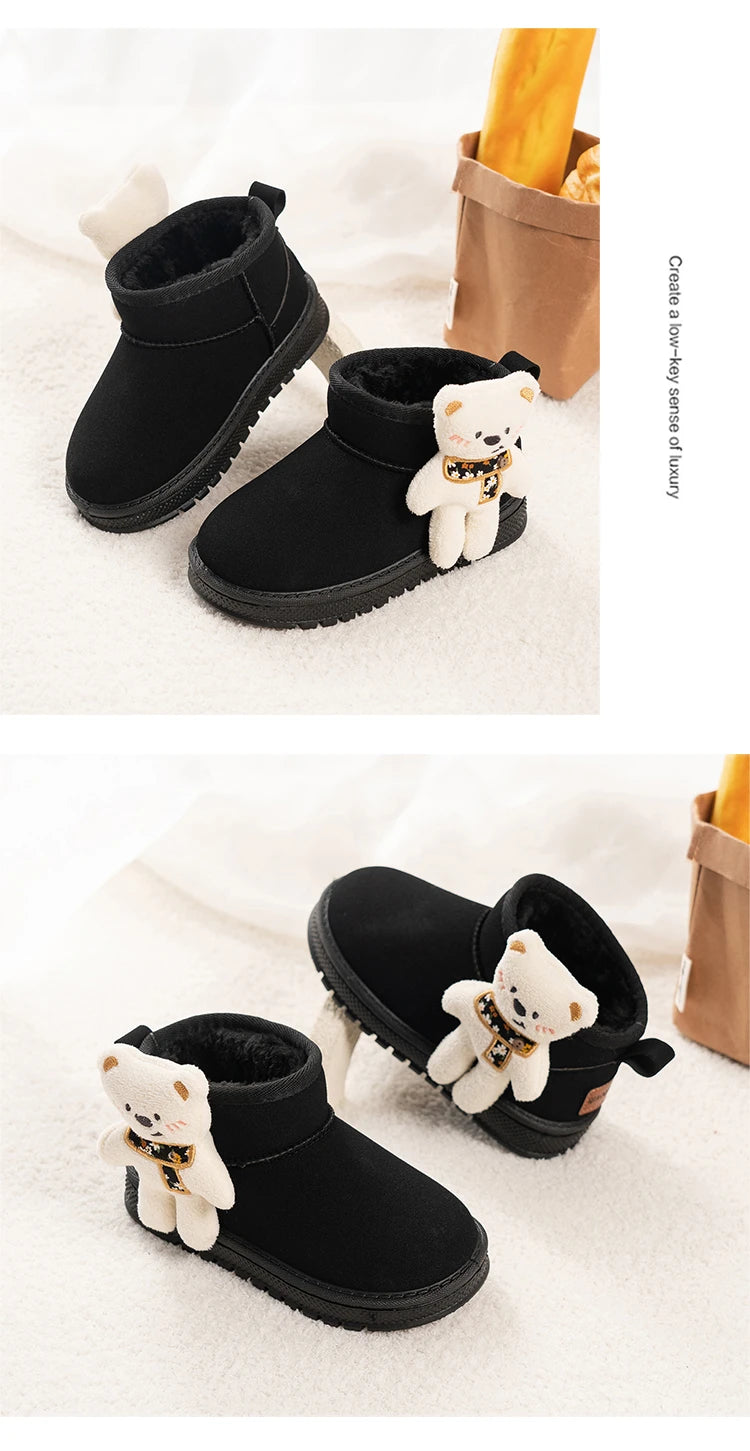 Kinder-Schneestiefel mit niedlichen Bären, Kinder-Stiefeletten, vielseitige Mode, 2025, Winter, neue warme Stiefel für Jungen und Mädchen, dickes Fell, rutschfest