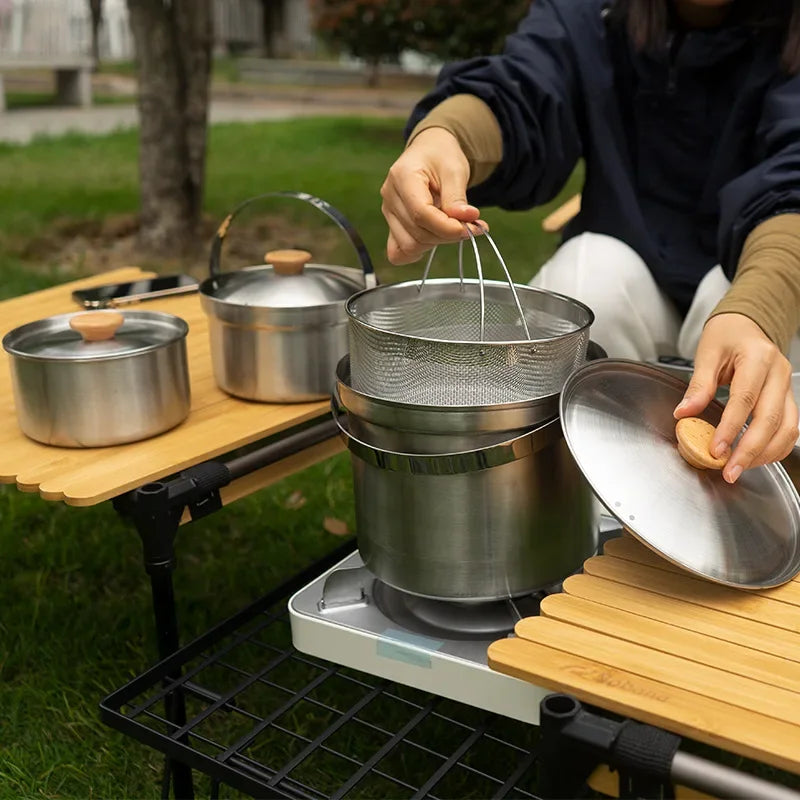 NOBANA Newest Outdoor Stainless Steel Pot Set Camping Family Pot Set 5L Portable Picnic Soup Pot Frying Steaming Household Pot
