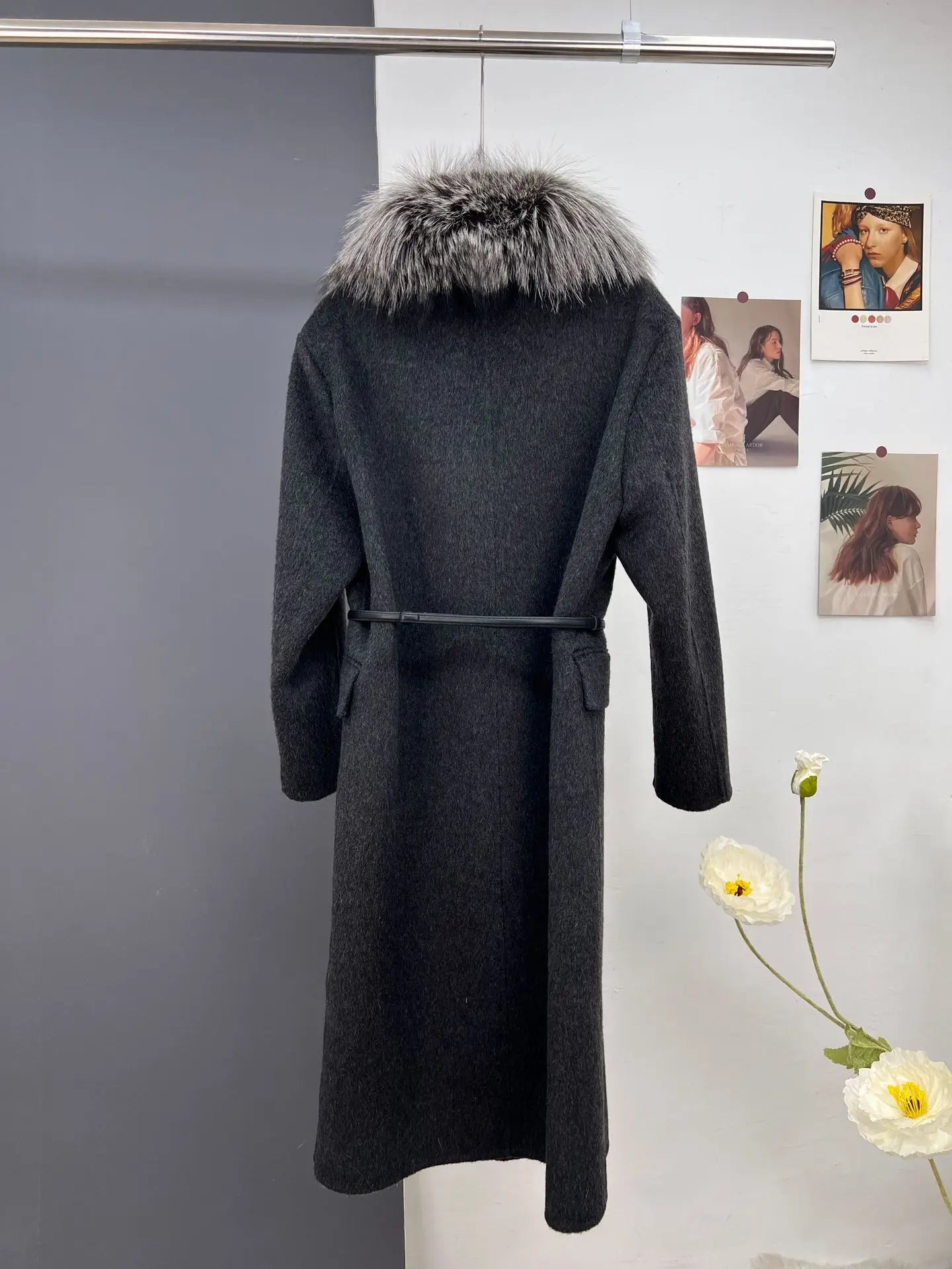 women's luxury wool coat  long patchwork design with detachable fox fur