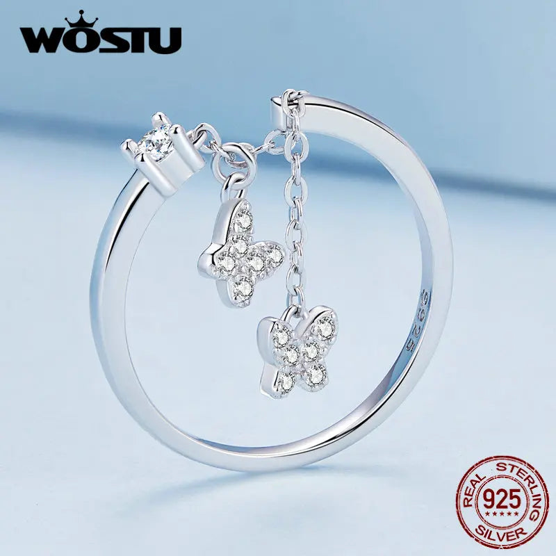 WOSTU 925 Sterling Silver Butterfly Link Open Rings pentru femei delicat strălucitor zircon reglabil inel Fine Party bijuterii cadou