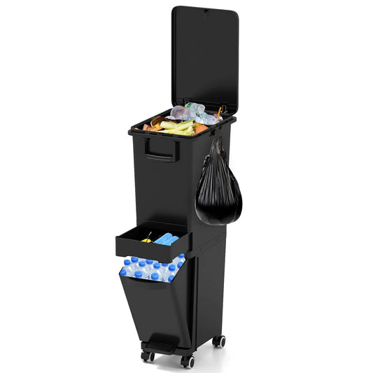 XIUWOM Dreikammer Mülleimer Bambus - 32L Rollen Deckel by Golden Bridge Store